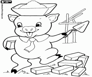Coloriage Le petit cochon avec des briques