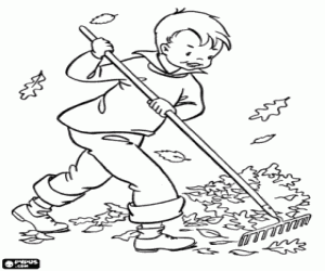 Coloriage Petit garçon et feuilles tombées en automne
