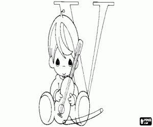 Coloriage Petit garçon et violon avec la lettre V