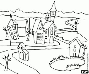 Coloriage Petit village avec une route sinueuse