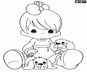Coloriage Petite fille avec deux petits chiens