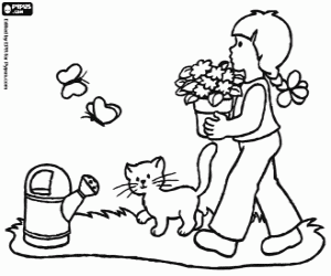 Coloriage La petite fille, le chat et les plantes