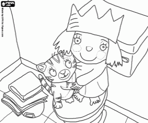 Coloriage Petite princesse et chat dans salle de bain