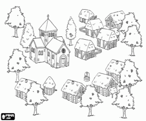 Coloriage Petite ville avec des maisons et l'église