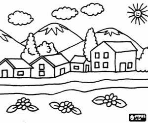 Coloriage Petite ville près de la montagne