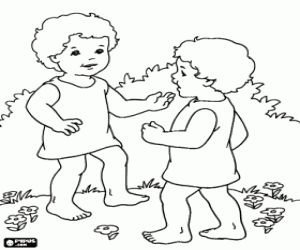 Coloriage Petites filles jouant dans le jardin
