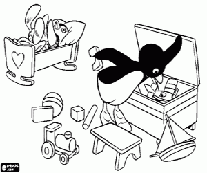 Coloriage Pingu et le coffre à jouets