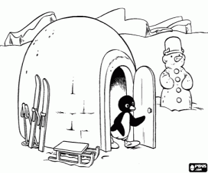 Coloriage Pingu, l'igloo et le bonhomme de neige