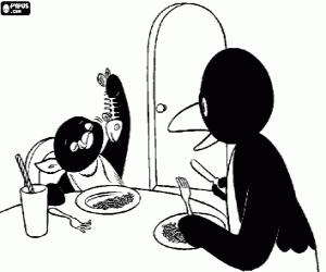 Coloriage Pingu mange un poisson délicieux