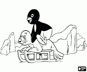 Coloriage Pingu et Robby avec traîneau