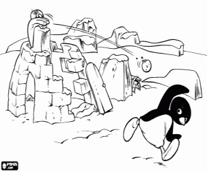 Coloriage Pingu, Roby et boules de neige