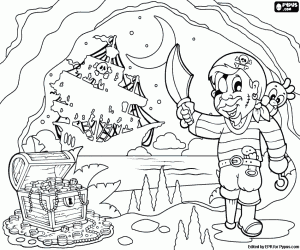 Coloriage Pirate dans la grotte avec un trésor