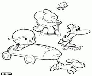 Coloriage Pocoyo et ses amis dans les véhicules