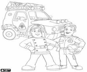 Coloriage Les pompiers Sam et Tom avec la jeep