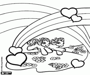 Coloriage Deux poneys, les arcs-en-ciel et les coeurs