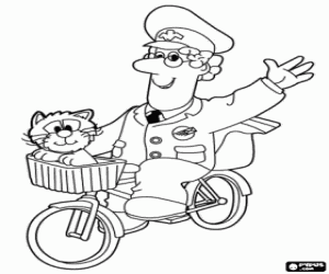 Coloriage Postman Pat et le chat en vélo