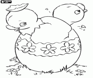 Coloriage Deux poussins dans un oeuf de Pâques