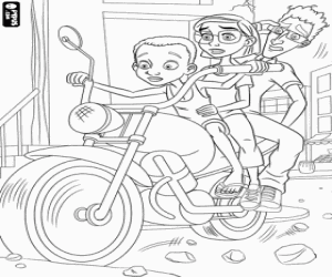 Coloriage Les protagonistes sur une moto à Rio