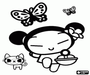Coloriage Pucca avec le chat et les papillons