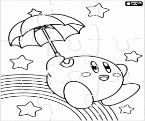 Coloriage Puzzle avec Kirby et un parapluie