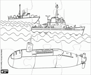 Coloriage Puzzle avec navires militaires et sous-marin