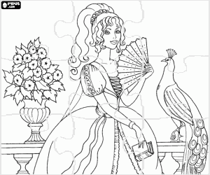 Coloriage Puzzle avec princesse et paon