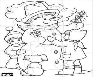 Coloriage Puzzle de bonhomme de neige avec les enfants