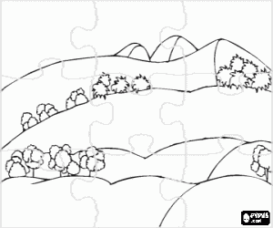 Coloriage Puzzle de collines avec des arbres
