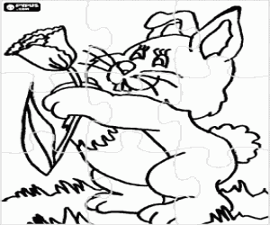 Coloriage Puzzle de lapin avec a fleur