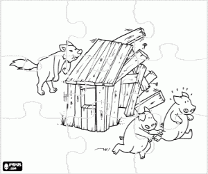Coloriage Puzzle du Loup et la petite maison en bois