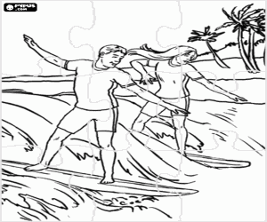 Coloriage Puzzle des surfeurs en action