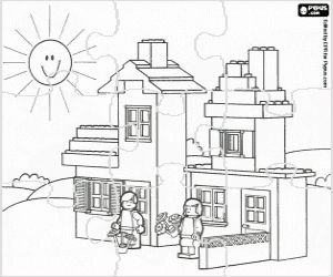 Coloriage Puzzle d'une maison avec jardin, Lego