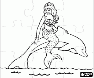 Coloriage Puzzle d'une sirène et un dauphin