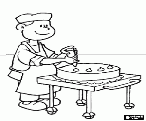 Coloriage Le pâtissier avec un gâteau