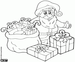 Coloriage Père Noël avec les cadeaux prêts