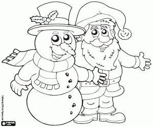 Coloriage Père Noël et bonhomme de neige