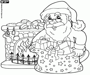 Coloriage Le Père Noël, les cadeaux et la cheminée