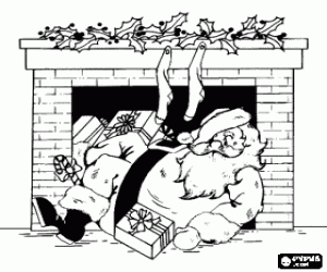 Coloriage Père Noël devant la cheminée