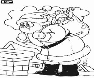 Coloriage Père Noël sur le toit d'une maison