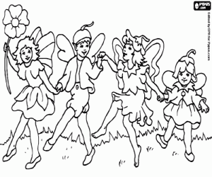 Coloriage Quatre petits lutins et une fleur