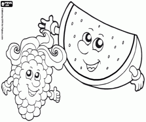 Coloriage Raisin et melon d'eau, fruits avec graines
