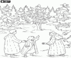 Les frères et sœurs Pevensie, Peter, Susan et Lucy, dans la forêt magique de Narnia