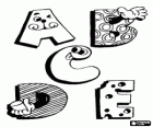 Lettres A, B, C, D et E avec des dessins amusants