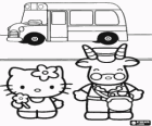 Hello Kitty et le conducteur ou le chauffeur d'autobus scolaire debout devant le véhicule