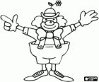 Clown avec le plein de costumes, un chapeau avec fleur, perruque, gants, cravate, pantalon gros et gros souliers