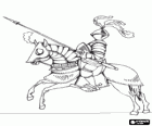 Chevalier en armure et avec sa lance prêt monté sur son cheval, également protégé par l'armure