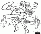 Femme cowboy, cow-girl lanceant le lasso dans le désert entre le cactus