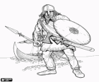 Viking en débarquant de son bateau complètement armé et avec le bouclier et la lance dans les mains