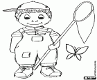 Enfant essaie d'attraper un papillon avec un filet de papillon