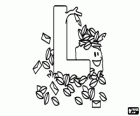 Lettre L avec beaucoup de feuilles et de quelques lettres, objets qui sont rédigés avec L, en anglais : leaves et letters